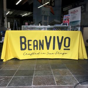 fabric table skirt with logo